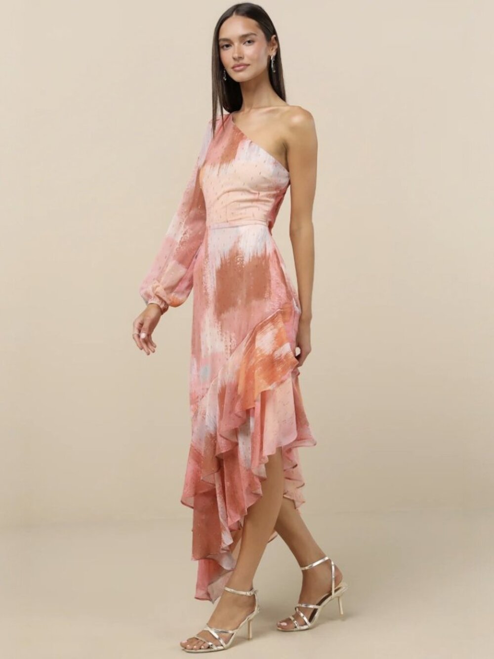 Lulus Faria Peach Multi Abstract Metallic Clip Dot Midi Dress NWT - Picture 2 of 9